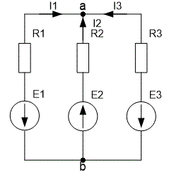 <b>Задача 3</b> <br />Дана электрическая цепь, изображённая на рисунке 1. Найти все токи в этой цепи при условии: <br />Е1=30 В; Е2=28 В; Е3=35 В; <br />R1=10 Ом; R2=12 Ом; R3=8 Ом. <br />При расчётах использовать метод контурных токов.