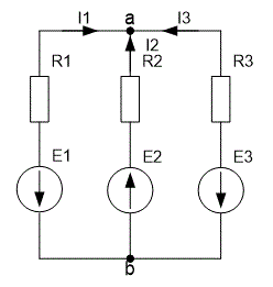 <b>Задача 29 </b><br />Дана электрическая цепь, изображённая на рисунке 1. Найти все токи в этой цепи при условии: <br />Е1=35 В; Е2=28 В; Е3=35 В; <br />R1=17 Ом; R2=17 Ом; R3=17 Ом. <br />При расчётах использовать метод контурных токов.