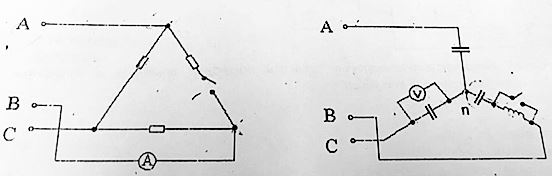Определить показания приборов для замкнутого и разомкнутого ключа <br />Дано: Uл = 220 В, R = 6 Ом <br /> X<sub>L</sub> = X<sub>C</sub> = 8 Ом