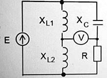 Показание вольтметра при Е = 100 В, XL1=XL2=Xc=R (ответ должен содержать десятичное число с двумя знаками после запятой)