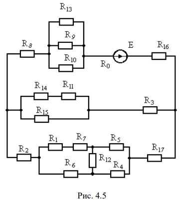 Для электрической цепи, изображенной на рис. 4.1-4.5, по заданным в таблицах 4.1-4.5 сопротивлениям и ЭДС, определить эквивалентное (входное) сопротивление цепи относительно зажимов источника питания, токи и падения напряжений во всех ветвях цепи. Составить баланс мощностей.<br /> <b>Вариант 43</b><br />Дано:   E = 190 В <br />R0 = 0.7 Ом <br />R1 = 2 Ом, R2 = 0.5 Ом, R3 = 2 Ом, R4 = 2 Ом, R5 = 2 Ом, R6 = 4 Ом, R7 = 0 Ом, R8 = 2 Ом, R9 = 3 Ом, R10 = 3 Ом, R11 = ∞, R12 = ∞, R13 = 3 Ом, R14 = 1 Ом, R15 = 1 Ом, R16 = 1 Ом, R17 = 0,5 Ом