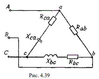 <b>Задача 4.</b> Для электрической схемы, изображенной на рис.4.32-4.45 по заданным в таблице 4.8 параметрам и линейному напряжению определить фазные и линейные токи, ток в нейтральном проводе (для четырехпроводной схемы), активную мощность всей цепи и каждой фазы отдельно. Построить векторную диаграмму напряжений и токов на комплексной плоскости. <br /><b>Вариант 8</b> <br />Дано: Рис. 4.39   <br />Uл = 220 В <br />Rab = 8 Ом, Rbc = 4 Ом, Rca = 8 Ом <br />Xa= -, Xbc = 6 Ом, Xca = 10 Ом