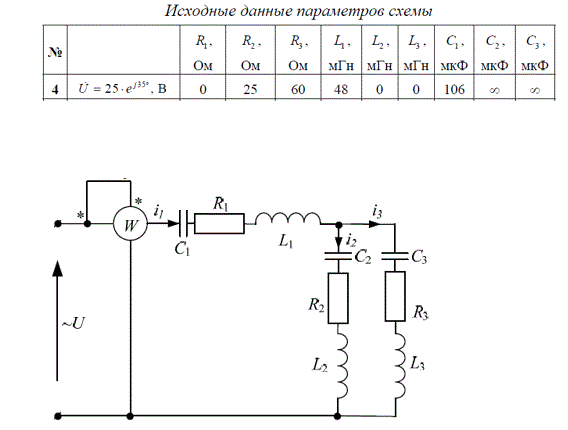 <b>Задание 2 «Расчет однофазной цепи переменного тока»</b> <br />1.	Согласно выбранному в таблице 2.1 варианту рассчитать комплексные сопротивления элементов (круговая частота ω = 314 рад с ) цепи. <br />2.	Выбрать любой метод расчета и определить в комплексной форме токи и напряжения во всех ветвях<br /> <b>Вариант 4</b>