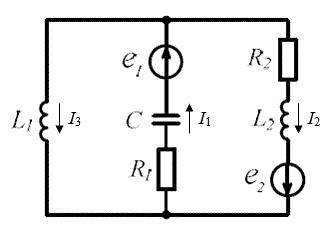 Дана электрическая цепь, содержащая источники синусоидальной ЭДС и приёмники. <br />Требуется выполнить: <br /> 1. Составить систему уравнений по законам Кирхгофа в комплексном виде. <br />2. Рассчитать комплексы токов в ветвях, используя любой метод расчёта.<br /> <b>Вариант 3</b><br />E<sub>m1</sub> = 140 B, Ψ<sub>1</sub> = - 135°, E<sub>m2</sub> = 100 B, Ψ<sub>2</sub> = 80°, R<sub>1</sub> = 90 Ом, R<sub>2</sub> = 70 Ом, L<sub>1</sub> = 0,09 Гн, L<sub>2</sub> = 0,07 Гн, C = 10 мкФ,  f = 80 Гц. 