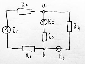 Дано: <br />Е1 = 15 В, Е2 = 10 В, Е3 = 20 В <br />R1 = 3 кОм, R2 = 1 кОм, R3 = 1.5 кОм, R4 = 2 кОм <br />Определить токи методом контурных токов, составить баланс мощностей