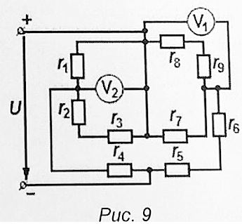 <b>Расчет цепей постоянного тока<br /> Задача 1.1</b><br /> В соответствии с заданным номером варианта в табл. 1.1 заданы величины напряжения на входных зажимах электрической схемы и все сопротивления. <br />Определить: <br />А) токи во всех ветвях схемы <br />Б) показания вольтметров.  <br /><b>Вариант 9</b> <br />Дано: № рисунка 1.9   <br />U = 80 В <br />R1 = 50 Ом, R2 = 10 Ом, R3 = 60 Ом, R4 = 40 Ом, R5 = 60 Ом, R6 = 60 Ом, R7 = 60 Ом, R8 = 50 Ом, R9 = 10 Ом