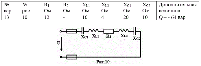 <b>Задача № 2</b> <br />Неразветвлённая цепь переменного тока, показанная на соответствующем рисунке, содержит активные и реактивные сопротивления, величины которых заданы в таблице № 2.Кроме того известна дополнительная величина. Определить следующие величины, если они не заданы в таблице вариантов: полное сопротивление цепи; напряжение   U, приложенное к цепи; силу тока в цепи I ; угол сдвига фаз  (величину и знак); активную, реактивную и полную мощности, потребляемые цепью. Начертить в масштабе векторную диаграмму цепи. С помощью логических рассуждений пояснить, как изменится ток в цепи, если частоту тока увеличить в двое. Напряжение, приложенное к цепи считать неизменным.<br /><b> Вариант 13</b>