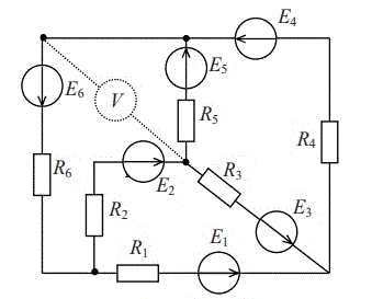 1) Определить токи в ветвях, с помощью уравнений составленных по законам Кирхгофа; <br />2) Составить уравнение баланса мощностей; <br />3) Определить показания вольтметра; <br />4) Определить ток I1 в ветви c сопротивлением R1 по методу эквивалентного генератора и построить график зависимости I1 = f(R) при изменении R< R1 < 10R. <br /><b>Вариант 28</b>    <br />Дано: E1 = 0; E2 = -97 В, E3 = 0; Е4 = -55 В; E5 = 53 В, E6 = 0 <br />R1 = 70 Ом, R2 = 45 Ом, R3 = 93 Ом, R4 = 87 Ом, R5 = 66 Ом, R6 = 67 Ом