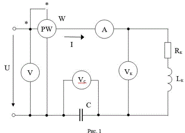 В электрической цепи переменного тока (рис. 1) возникает резонанс напряжения при частоте питающего напряжения f. Определить показание вольтметра Vk на зажимах катушки индуктивности, активное Rk и индуктивное XL сопротивления катушки, показание ваттметра W, реактивную мощность Qk катушки индуктивности, емкость С конденсатора, индуктивность Lk катушки индуктивности и коэффициент мощности cosφ катушки индуктивности. <br />Построить векторную диаграмму тока I и напряжений в цепи. Показания вольтметра Vc, включенного на зажимы конденсатора Uc, напряжение U, приложенное к цепи, показание амперметра А и резонансная частота приведены в табл. 1   <br /><b>Вариант 29</b> <br />Дано: <br />U = 66 В, <br />Uc = 116 В, <br />I = 11 А, <br />f = 250 Гц