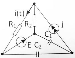 R1 = R2 = 2 кОм <br />C1 = C2 = 0.5 мкФ <br />Е = 10 В (постоянная) <br />i = 2cos10<sup>3</sup>t мА <br />Определить ток i(t)