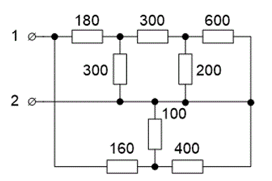 Определить сопротивление между зажимами 1 и 2. Сопротивления резисторов в омах указаны на схеме.
