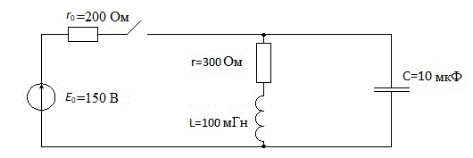 Операторным методом рассчитать ток, протекающий через источник ЭДС, напряжение на конденсаторе и ток катушки индуктивности после замыкания ключа. Построить графики рассчитанных величин. <br /><b>Вариант 10</b>