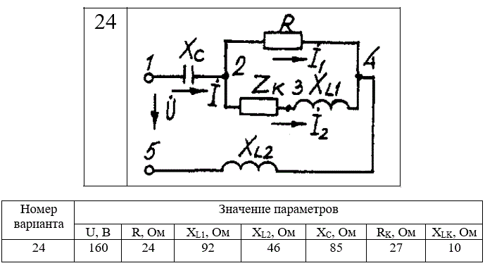 <b>Задача 2.3. Разветвленная цепь синусоидального тока </b><br />Условие задачи. Для заданной электрической схемы (табл. 2.3) с известными параметрами (табл. 2.4) определить токи в ветвях и полный ток, напряжение на участках цепи, мощности активные, реактивные и полные отдельных ветвей и всей цепи. Построить векторную диаграмму токов и векторную топографическую диаграмму напряжений цепи. <br />Методические указания. <br />Решить задачу, используя символический метод расчета для дейст-вующих значений напряжений и токов. Вектор приложенного к цепи напряжения рекомендуется совместить с положительным направлением оси вещественных чисел, т. е. U=U.<br /> <b>Вариант 24</b>