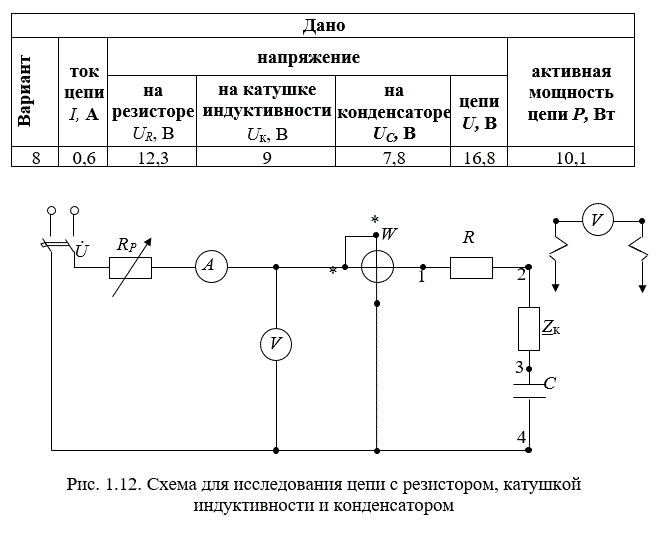 Опыт 3. Исследование цепи с резистором, катушкой индуктивности и конденсатором (практическая работа)<br /> <b>Вариант 8</b>