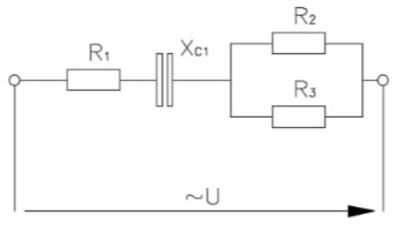 Электрическая цепь подключена к источнику переменного напряжения. Частота тока f = 50 Гц. Используя заданные величины определить: полное сопротивление цепи, ток в цепи, напряжение, приложенное к цепи, активные и реактивные напряжения, угол сдвига фазы между током и напряжением, активную, реактивную и полную мощности цепи. Построить в масштабе векторную диаграмму, из диаграммы определить угол сдвига фазы и напряжение всей цепи. Исходные данные: R1 = 6 Ом, R2 = 30 Ом, R3 = 15 Ом, XС1 = 12 Ом, S = 500 ВА. 
