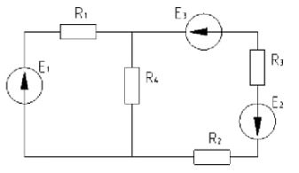 Для сложной электрической цепи постоянного тока определить токи в ветвях методом законов Кирхгофа. Выполнить проверку решения, используя баланс мощностей. Исходные данные: R1 = 4 Ом, R2 = 5 Ом, R3 = 15 Ом, R4 = 10 Ом; Е1 = 50 В, Е2 = 20 В, Е3 = 10 В