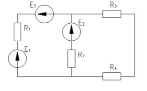 Для сложной электрической цепи постоянного тока определить токи в ветвях методом законов Кирхгофа. Выполнить проверку решения, используя баланс мощностей. Исходные данные: R1 = 10 Ом, R2 = 5 Ом, R3 = 8 Ом, R4 = 7 Ом; Е1 = 150 В, Е2 = 50 В, Е3 = 30 В