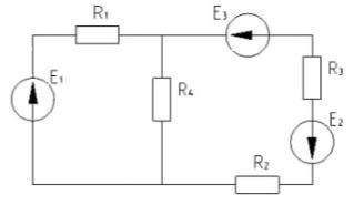 Для сложной электрической цепи постоянного тока определить токи в ветвях методом контурных токов. Выполнить проверку решения, используя баланс мощностей. Исходные данные: R1 = 4 Ом, R2 = 5 Ом, R3 = 15 Ом, R4 = 10 Ом; Е1 = 50 В, Е2 = 20 В, Е3 = 10 В