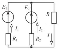 Электрическая цепь содержит два источника ЭДС Е1 = 100 В, Е2 = 200 В. Сопротивления R = 10 Ом, R1 = 20 Ом, R2 = 15 Ом.<br /> Определить токи I1, I2, I методом непосредственного применения законов Кирхгофа. Проверить баланс мощности. 