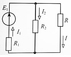 Электрическая цепь содержит два источника ЭДС Е1 = 100 В. Сопротивления R = 10 Ом, R1 = 20 Ом, R2 = 15 Ом. <br />Определить токи I1, I2, I. Проверить баланс мощностей. 