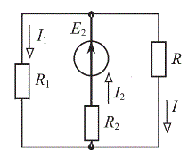 Электрическая цепь содержит два источника ЭДС Е2 = 200 В. Сопротивления R = 10 Ом, R1 = 20 Ом, R2 = 15 Ом. <br />Определить токи I1, I2, I. Проверить баланс мощностей