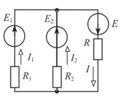 Электрическая цепь содержит два источника ЭДС Е1= 100 В, Е2 = 200 В, Е = 200 В. Сопротивления R = 10 Ом, R1 = 20 Ом, R2 = 15 Ом. <br />Определить токи I1, I2, I методом узловых потенциалов. Проверить баланс мощностей. 