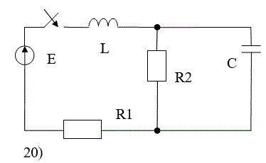 <b>Расчёт переходного процесса в цепи постоянного тока </b> <br />В заданной RLC-цепи постоянного тока переходный процесс вызывается замыканием ключа. <br />РАССЧИТАТЬ: <br />а) переходные напряжение и ток конденсатора классическим методом;  <br />б) переходный ток конденсатора операторным методом. <br />ИЗОБРАЗИТЬ на одном графике кривые uС(t) и iС(t). В случае апериодического процесса кривые построить в интервале 0…3τ1,  где τ1 =1/|p1| , p1 - меньший по модулю корень характеристического уравнения. В случае колебательного процесса кривые построить в интервале 0…3(1/δ), где δ - вещественная часть комплексно-сопряжённых корней характеристического уравнения. <br />Во всех вариантах действует источник постоянной ЭДС E=100 В, индуктивность L=100 мГ. <br />Вариант задания указывается преподавателем или определяется двумя последними цифрами шифра студента.<br /> <b>Вариант 20</b><br /> Номер схемы:20; <br />R1=50 Ом; R2=20 Ом; <br />C=260 мкФ; L=100 мГн;