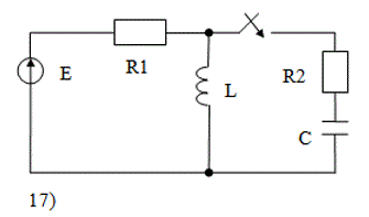 <b>Расчёт переходного процесса в цепи постоянного тока </b> <br />В заданной RLC-цепи постоянного тока переходный процесс вызывается замыканием ключа. <br />РАССЧИТАТЬ: <br />а) переходные напряжение и ток конденсатора классическим методом;  <br />б) переходный ток конденсатора операторным методом. <br />ИЗОБРАЗИТЬ на одном графике кривые uС(t) и iС(t). В случае апериодического процесса кривые построить в интервале 0…3τ1,  где τ1 =1/|p1| , p1 - меньший по модулю корень характеристического уравнения. В случае колебательного процесса кривые построить в интервале 0…3(1/δ), где δ - вещественная часть комплексно-сопряжённых корней характеристического уравнения. <br />Во всех вариантах действует источник постоянной ЭДС E=100 В, индуктивность L=100 мГ. <br />Вариант задания указывается преподавателем или определяется двумя последними цифрами шифра студента.<br /> <b>Вариант 54</b><br /> Номер схемы:17; <br />R1=20 Ом; R2=6 Ом; R3=0 Ом; <br />C=330 мкФ; L=100 мГн;