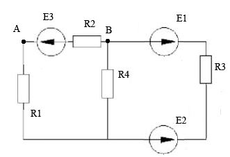 Найти все токи в цепи. Внутренними сопротивлениями источников пренебречь. Определить разность потенциалов между точками А и В.   <br />Дано: R1 = 5 Ом R2 = 10 Ом R3 = 12 Ом R4 = 4 Ом <br />E1 = 1 В Е2 = 2 В Е3 = 3 В.