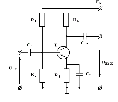 Рассчитать h – параметры биполярного транзистора, его входное и выходное сопротивления, коэффициент передачи по току, пользуясь входными и выходными характеристиками транзистора. Тип транзистора определяется вариантом, совпадающим с номером студента в списке журнала деканата. Схема включения транзистора с общим эмиттером (ОЭ). <br />Провести графоаналитический расчет усилительного каскада на заданном типе транзистора, включенного по схеме с ОЭ, с одним источником питания EК и с температурной стабилизацией рабочего режима. <br />Определить параметры элементов схемы усилительного каскада: <br />коэффициенты усиления по току (Кi), напряжению (Кu), мощности (Kp); токи и напряжения в режиме покоя Iбо, Iко, Uбэо, Uкэо; амплитудные значения входных и выходных переменных токов и напряжений в линейном режиме работы усилителя; полезную выходную мощность каскада и его КПД; верхнюю и нижнюю граничные частоты полосы пропускания. <br /> Вариант 13<br /><b>Дано:</b><br /> Транзистор: КТ104В; <br />ΔIб = 0.2 мА;<br /> U<sub>КЭ max</sub>=15 В; <br />I<sub>к max</sub> = 50 мА;<br /> P<sub>к max</sub> = 150 мВт;<br /> Cк = 50 пФ; <br />