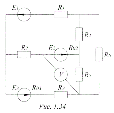 <b>Задание1.  Методы  расчёта  электрических  цепей  постоянного  тока. </b><br /> Для  электрической  цепи,  схема  которой  изображена  на  рис.  1.31 – 1.46,  по  заданным  в  таблице  сопротивлениям  и  ЭДС,  выполнить  следующее: <br />1. Составить  систему  уравнений,  необходимых  для  определения  токов  по  первому  и  второму  законам  Кирхгофа, найти все токи; <br />2. Найти  все  токи,  пользуясь  методом  контурных  токов; <br />3.  Составить  баланс  мощностей  для  заданной  схемы; <br />4.  Построить  в  масштабе  потенциальную  диаграмму  для  внешнего  контура.  <br /><b>Вариант 34</b>   <br />Дано: Е1 = 16 В, Е2 = 5 В, Е3 = 32 В <br />R02 = 0.6 Ом, R03= 0,8 Ом <br />R1 = 9 Ом, R2 = 3 Ом, R3 = 2 Ом, R4 = 4 Ом, R5 = 1 Ом, R6 = 5 Ом
