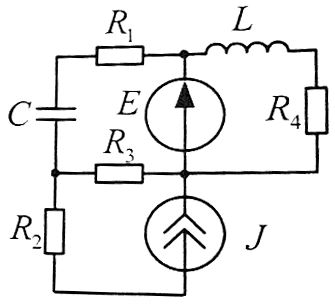 Для заданной схемы, принимая Е = 100 В, J = 2 A, R1 = 2 Ом, R2 = 4 Ом, R3 = 6 Ом, R4 = 8 Ом, L = 10 мГн, C = 10 мкФ и полагая, что в момент t=0 последовательно с Е мгновенно подключается сопротивление R = 100 Ом, выполнить следующее: <br />1.	Определить переходные токи во всех ветвях и переходное напряжение на емкостном элементе классическим методом <br />2.	Определить переходные токи во всех ветвях и переходное напряжение на емкостном элементе операторным методом