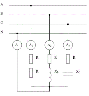 В электрической цепи, схема которой приведена на рисунке, известно показание амперметра А1. Определить показания остальных амперметров, если R=Xc=XL <br />Показания амперметра А1: А1 = 5А