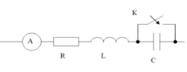 Задана электрическая цепь переменного синусоидального тока, схема которой приведена на рисунке. Частота тока в цепи равна f = 100 Гц, сопротивление резистора R = 15 Ом, индуктивность равна L = 422 мГн. При каком значении емкости С показания амперметра в цепи не изменятся после замыкания ключа?