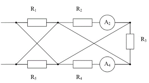 Определить эквивалентное сопротивление цепи и показание амперметра А4 в схеме, приведенной на рисунке. R1 = 10 (Ом); R2 = 12 (Ом); R3 = 14 (Ом); R4 = 20 (Ом); R5 = 30 (Ом) <br />Показания амперметра A2 = 4 A