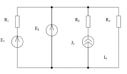 В схеме определить мощности источников электрической энергии <br />Е1 = 20 В; Е2 = 30 В <br />J3 = 2 А <br />R1 = 3 Ом, R3 = 10 Ом, R4 = 5 Ом