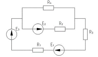 Для сложной электрической цепи постоянного тока определить токи в ветвях методом узловых потенциалов. Выполнить проверку решения, используя баланс мощностей. Исходные данные: R1= 1 Ом, R2 = 10 Ом, R3 = 1 Ом, R4 = 8 Ом, Е1 = 40 В, Е2 = 10 В, Е3 = 20 В.