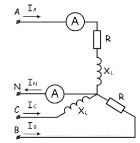 К зажимам приемника подсоединен трехфазный генератор, как показано на схеме. Определить показания амперметров А1, А2 и фазные токи, зная, что Uл = 220 В, R = 30 Ом, L = 15 мГн