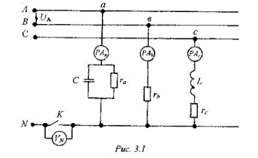 <b>Расчет и анализ работы цепи трехфазного тока</b>. <br />Задана цепь трехфазного тока с приемником, соединенным звездой с нейтральным проводом или треугольником. Система линейных напряжений питающей сети симметрична (Uab=Ubc=Uca=Uл). Действующее значение линейного напряжения Uл, параметры нагрузки в отдельных фазах и схема соединения приемника заданы в табл. 3. Требуется: <br />1.	Рассчитать заданную цепь символическим методом: <br />a.	Определить показания всех электроизмерительных приборов <br />b.	Построить векторную диаграмму напряжений и токов на комплексной плоскости <br />c.	Определить среднюю (активную мощность) приемника <br />d.	Для фазы А или С (при соединении звездой), для фазы АВ или СА (при соединении треугольником) написать уравнение для мгновенных значений напряжения, тока и полной мощности и построить графики изменения во времени их мгновенных значений. <br />2.	Рассчитать символическим методом ту же цепь в анормальном режиме: при соединении звездой – при обрыве нейтрального провода (ключ К разомкнут), а при соединении треугольником – при обрыве любого одного из трех линейных проводов: <br />a.	Определить показания электроизмерительных приборов <br />b.	Определить среднюю мощность <br />c.	Построить векторную диаграмму. <br /><b>Вариант 3</b>. <br />Дано: Соединение – Y (звезда)   <br />Uл = 380 В f = 50 Гц <br />Ra = 14 Ом, Rb = 16 Ом, Rc = 18 Ом <br />L = 46.2 мГн <br />C = 318 мкФ