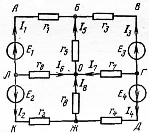 Составить уравнения для токов по первому закону Кирхгофа для узлов схемы и по второму закону для контура БОЖКЛАБ