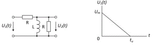На входе цепи, состоящей из двух сопротивлений R= 12 Ом и индуктивности L = 50 мкГн, действует одиночный импульс напряжения U1(t) с амплитудой Um = 160 мВ и длительностью tu = 8 мкс. Определить переходную и импульсную функции цепи по напряжению. Пользуясь интегралом Дюамеля, найти форму выходного импульса U2(t). Построить графики U1(t) и U2(t) в одном масштабе.