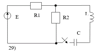 <b>Расчёт переходного процесса в цепи постоянного тока </b> <br />В заданной RLC-цепи постоянного тока переходный процесс вызывается замыканием ключа. <br />РАССЧИТАТЬ: <br />а) переходные напряжение и ток конденсатора классическим методом;  <br />б) переходный ток конденсатора операторным методом. <br />ИЗОБРАЗИТЬ на одном графике кривые uС(t) и iС(t). В случае апериодического процесса кривые построить в интервале 0…3τ1,  где τ1 =1/|p1| , p1 - меньший по модулю корень характеристического уравнения. В случае колебательного процесса кривые построить в интервале 0…3(1/δ), где δ - вещественная часть комплексно-сопряжённых корней характеристического уравнения. <br />Во всех вариантах действует источник постоянной ЭДС E=100 В, индуктивность L=100 мГ. <br />Вариант задания указывается преподавателем или определяется двумя последними цифрами шифра студента.<br /> <b>Вариант 65</b><br /> Номер схемы:29; <br />R1=50 Ом; R2=20 Ом; R3=0 Ом; <br />C=170 мкФ; L=100 мГн;