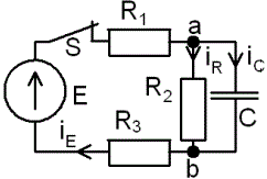 <b>Переходные процессы в RC-цепи переменного тока</b><br /> С источником ЭДС переменного синусоидального тока найти классическим методом ток и напряжение на емкости  Построить диаграмму для t=0-4τ <br /><b>Вариант 35</b> <br />Дано: № схемы 3D <br />Е = 100 В <br />ψE=10°•Nвар=10°•35=350°=-10°; <br />С = 10 мкФ <br />R1 = 15 Ом R2 = 5 Ом R3 = 4 Ом