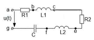 В цепи синусоидального тока включены последовательно две  реальных катушки индуктивности и конденсатор, Параметры катушек и конденсатора известны: R1 = 4 Ом, L1 = 0,032 Гн, R2 = 5 Ом, L2 = 0,0162 Гн, С=400 мкФ., f =50 Гц. Известно падение напряжения на первой катушке U<sub>R1-L1</sub> = 40 В. Найти напряжение источника, падение напряжения на каждом элементе. Построить векторную диаграмму тока и напряжений. Составить баланс мощностей