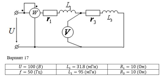 <b>Задача 1</b> (цепи переменного тока с последовательным соединением элементов).<br />Для электрической схемы (см. рисунок) по заданным параметрам определить: <br />1) ток в цепи и напряжение на отдельных участках; <br />2) составить баланс активной и реактивной мощностей; <br />3) построить в масштабе на комплексной плоскости векторную диаграмму токов и напряжений; <br />4) определить показания вольтметра и ваттметра. <br />Расчёт провести двумя методами: <br />1) методом модулей <br />2) символическим методом.<br /> <b>Вариант 17</b>