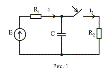 <b>Задача 1.</b> Рассчитать токи и напряжения ветвей RC-цепи (рис.1) при t = 0-, t = 0+, t = ∞. R1 = 1.5 кОм, R2 = 1 кОм, C = 0.1 мкФ, E = 20 В