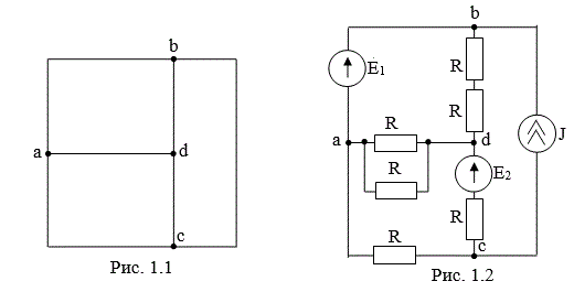 <b>РГР №1. Расчёт линейной цепи постоянного тока</b><br />Граф электрической цепи представлен на рис. 1.1. Граф содержит 4 узла - a, b, с, d, между которыми включены 6 ветвей – ab, ас, bc, bd, da, dc. Ветви содержат активные и пассивные элементы электрической цепи и обозначены номерами 1...6 (рис. 2). В таблице №1 заданы параметры источников электрической цепи El, Е2, J, в таблице №2 заданы параметры пассивных элементов - R, L, С, в таблице №3 заданы варианты компоновки электрической цепи.<br /> <b>Вариант 8</b><br /> Дано: Е1 = 100 В, Е2 = 60 В, J = 2А, R = 120 Ом
