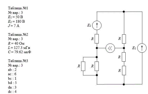 <b>РГР №1. Расчёт линейной цепи постоянного тока</b><br />Граф электрической цепи представлен на рис. 1.1. Граф содержит 4 узла - a, b, с, d, между которыми включены 6 ветвей – ab, ас, bc, bd, da, dc. Ветви содержат активные и пассивные элементы электрической цепи и обозначены номерами 1...6 (рис. 2). В табли-це №1 заданы параметры источников электрической цепи El, Е2, J, в таблице №2 заданы параметры пассивных элементов - R, L, С, в таблице №3 заданы варианты компоновки электрической цепи.<br /> <b>Вариант 3333</b>