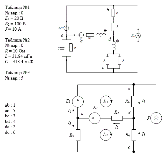 <b>РГР №1. Расчёт линейной цепи постоянного тока</b><br />Граф электрической цепи представлен на рис. 1.1. Граф содержит 4 узла - a, b, с, d, между которыми включены 6 ветвей – ab, ас, bc, bd, da, dc. Ветви содержат активные и пассивные элементы электрической цепи и обозначены номерами 1...6 (рис. 2). В табли-це №1 заданы параметры источников электрической цепи El, Е2, J, в таблице №2 заданы параметры пассивных элементов - R, L, С, в таблице №3 заданы варианты компоновки электрической цепи.<br /> <b>Вариант 0005</b>