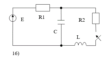 РАССЧИТАТЬ: <br />а) переходные напряжение и ток конденсатора классическим методом;  <br />б) переходный ток конденсатора операторным методом. <br />ИЗОБРАЗИТЬ на одном графике кривые  uС(t) и iС(t). В случае апериодического процесса кривые построить в интервале 0…3τ1,  где τ1 =1/|p1| , p1 - меньший по модулю корень характеристического уравнения. В случае колебательного процесса кривые построить в интервале 0…3(1/δ), где δ - вещественная часть комплексно-сопряжённых корней характеристического уравнения. <br />Во всех вариантах действует источник постоянной ЭДС E=100В, индуктивность L=100мГ.<br /> <b>Вариант 89</b><br />Дано<br /> Номер схемы:16;<br /> R1 = 25 Ом; R2 = 25 Ом; R3 = 0 Ом;<br />С = 280 мкФ, L = 100 мГн